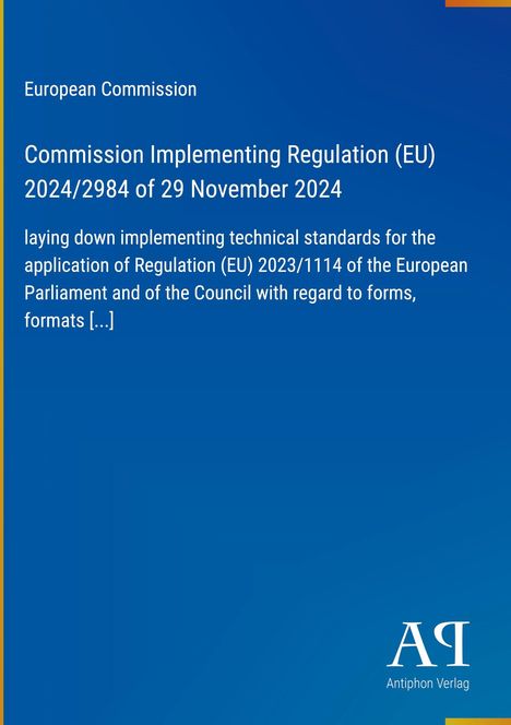 Blauer Hintergrund mit weißem Text: Titel der Verordnung der Europäischen Kommission. Unten rechts kleines Logo.