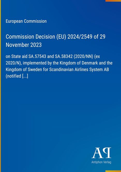 Text über eine EU-Kommissionsentscheidung zur staatlichen Beihilfe von Dänemark und Schweden für SAS. Blaues Hintergrundbild.