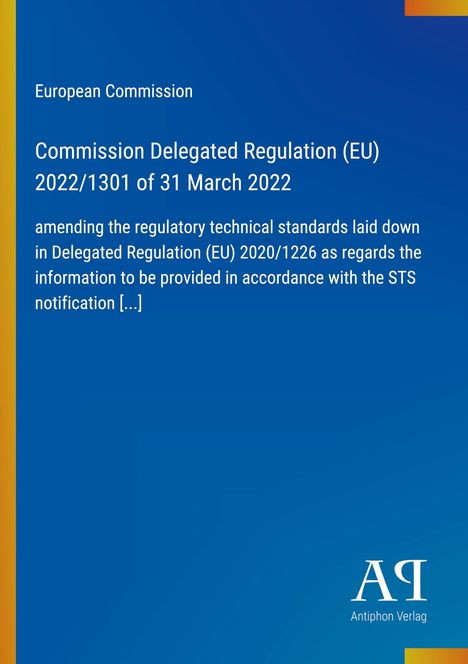 Titel: Kommissionsdelegierte Verordnung (EU) 2022/1301. Blaues Design mit gelben Streifen und Logo rechts unten.