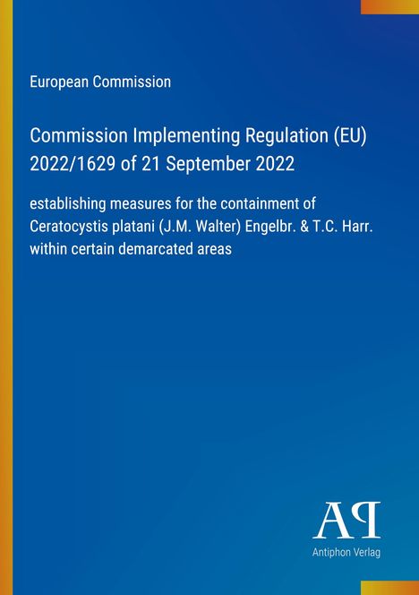 Text über EU-Regelung zur Eindämmung von Ceratocystis platani. Blauer Hintergrund mit einfachem Design.