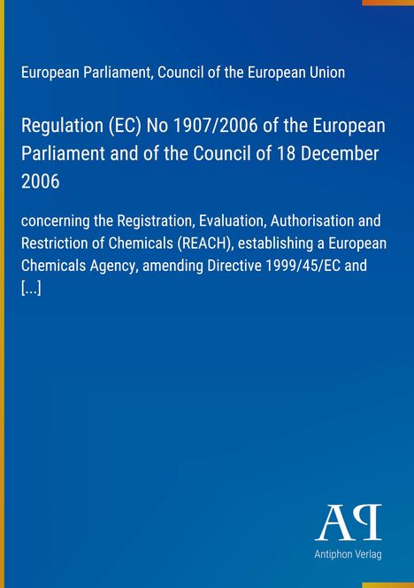 Text: Regulation (EC) No 1907/2006 on REACH. Blauer Hintergrund, Antiphon Verlag Logo in der Ecke.