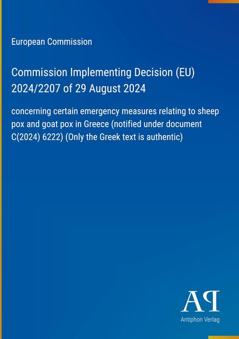 Text zur Entscheidung über Notmaßnahmen in Griechenland von der Europäischen Kommission; blauer Hintergrund, gelber Rand.