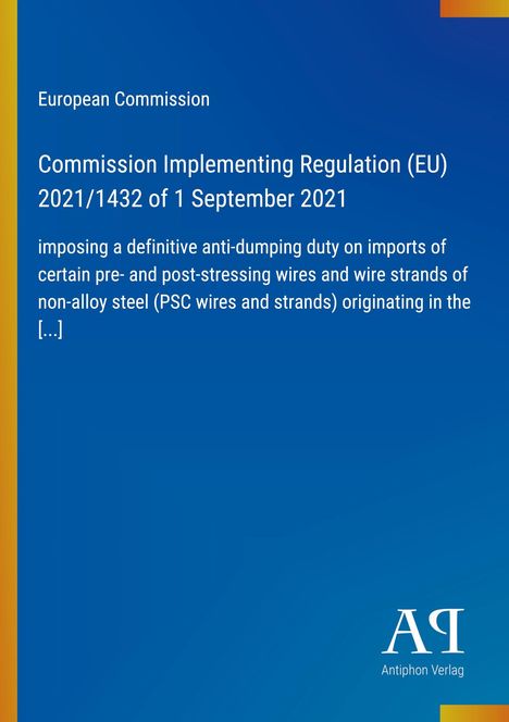 Text über EU-Verordnung zur Antidumping-Abgabe auf Stahlimporte, blauer Hintergrund, gelber Streifen links.