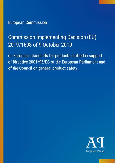 Text über EU-Richtlinie zur Produktsicherheit, blauer Hintergrund, gelber und roter Streifen links, Logo: "AΠ" rechts unten.