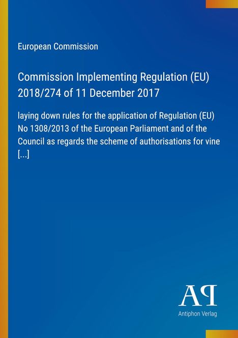 Text über EU-Verordnung 2018/274. Blaues Design, gelber Rand links. Unten Logo „Antiphon Verlag“.