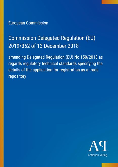 Text der Europäischen Kommission zu einer delegierten Verordnung, auf blauem Hintergrund. Unten ein Verlagslogo.