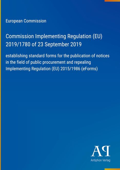 Text über EU-Durchführungsverordnung 2019/1780, blaues Hintergrunddesign, „Antiphon Verlag“ in weiß.