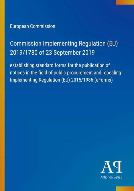 Text: Europäische Kommission, Verordnung (EU) 2019/1780. Hintergrund: Blau mit gelbem Rand. Logo unten rechts.