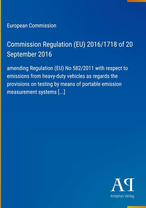 Blauer Hintergrund, Text über EU-Verordnung zur Emission von Schwerlastfahrzeugen. Unten ein Verlagslogo.