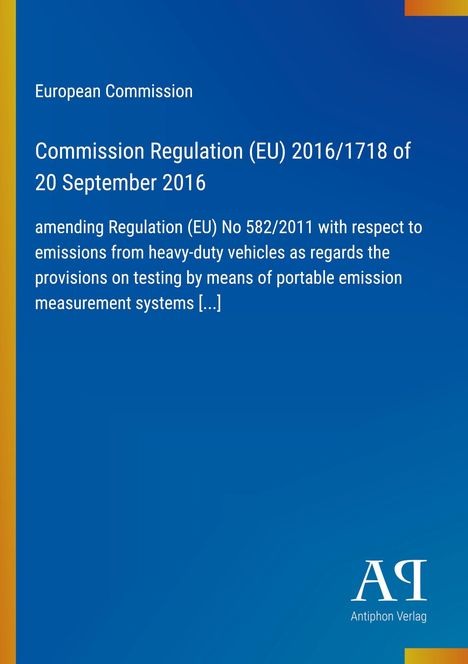 Text über EU-Regulation von 2016 zur Emission schwerer Fahrzeuge. Blauer Hintergrund mit vertikalem gelbem Streifen links.