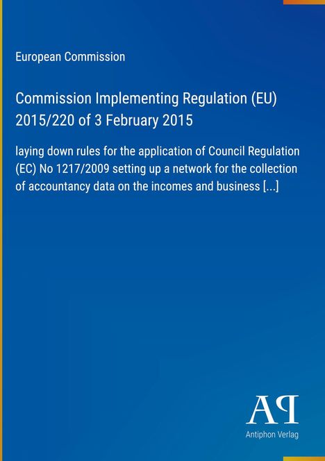 Text zur EU-Verordnung 2015/220. Blaues Design mit Logo "ΑΡ" unten rechts und gelbem Rand.