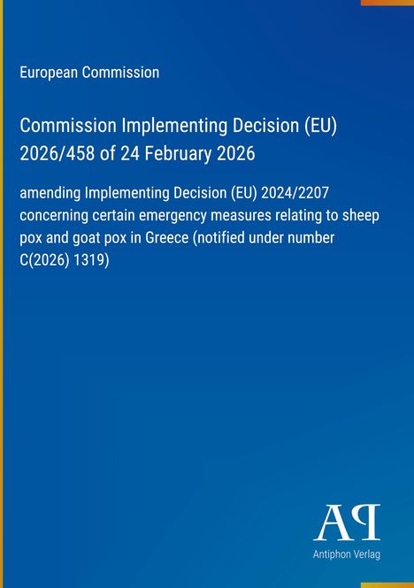 European Commission, Entscheidung (EU) 2026/458 zu Maßnahmen gegen Schaf- und Ziegenpocken in Griechenland, blaues Design.