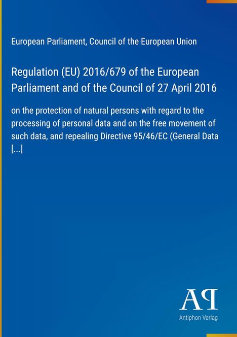 Regulation (EU) 2016/679, Datenschutz, blaues Design, weißer Text, Logo unten rechts.