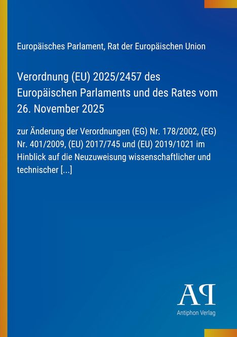 Text: Europäisches Parlament, Verordnung (EU) 2025/2457, 26. November 2025. Unten rechts: Logo "ΑΡ Antiphon Verlag".