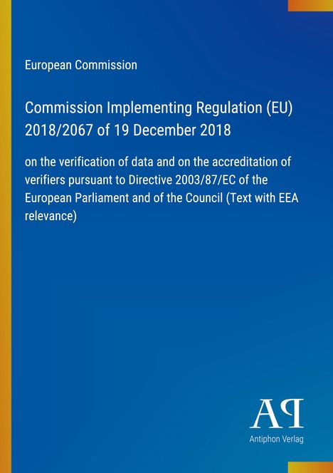Text zur EU-Verordnung 2018/2067, Datum, Referenzen. Blauer Hintergrund mit gelbem Streifen, Verlag-Logo unten.