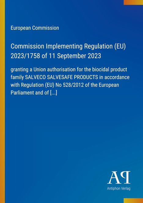 Auf blauem Hintergrund: "European Commission", Titel der EU-Verordnung, Datum, gefolgt von einem Verlagshinweis unten.