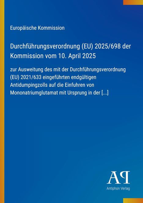 Text über EU-Durchführungsverordnung (EU) 2025/698 vom 10. April 2025. Illustration mit blauem Hintergrund, Logo rechts.