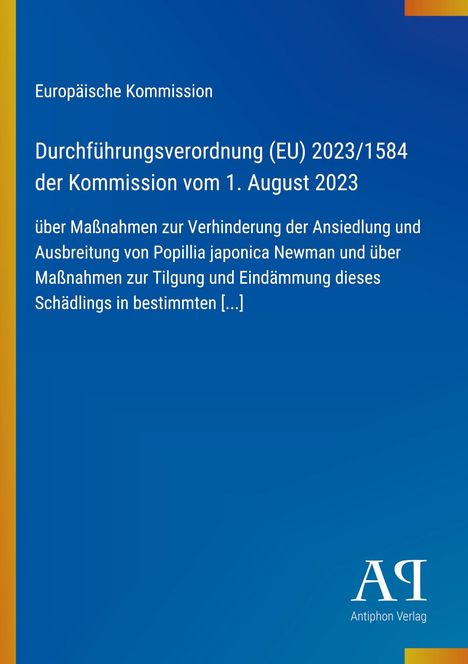Blauer Hintergrund, Text: "Europäische Kommission, Durchführungsverordnung (EU) 2023/1584 [...]". Unten rechts ein Logo.