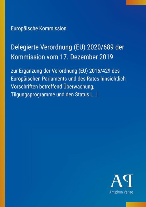 Text: "Europäische Kommission, Delegierte Verordnung (EU) 2020/689...". Blauer Hintergrund, links gelber Streifen, unten Logo.