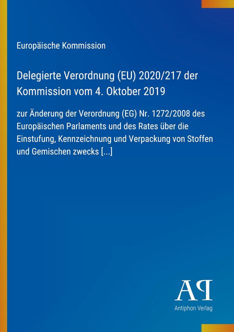 Europäische Kommission: Verordnung zur Änderung der Kennzeichnung von Stoffen. Blaues Design mit Verlag-Logo.