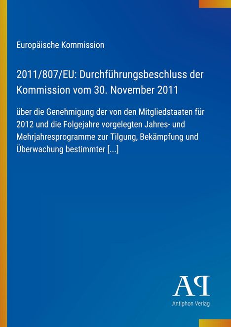 Text über Entscheidungen der EU-Kommission von 2011, darunter ein AQ-Logo. Hintergrund in Blau mit gelbem Rand.