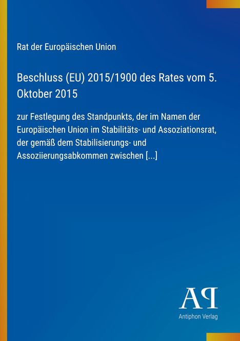Text in Weiß auf blauem Hintergrund, oben links "Rat der Europäischen Union", zentral ist ein Beschluss erwähnt. Unten rechts Logo.