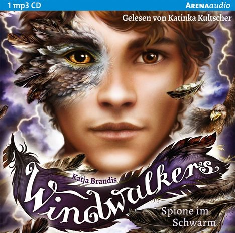 "Windwalkers: Spione im Schwarm" oben, Vogelmensch mit Federn und gelbem Auge, Federn schweben, majestätischer Adler nahebei.
