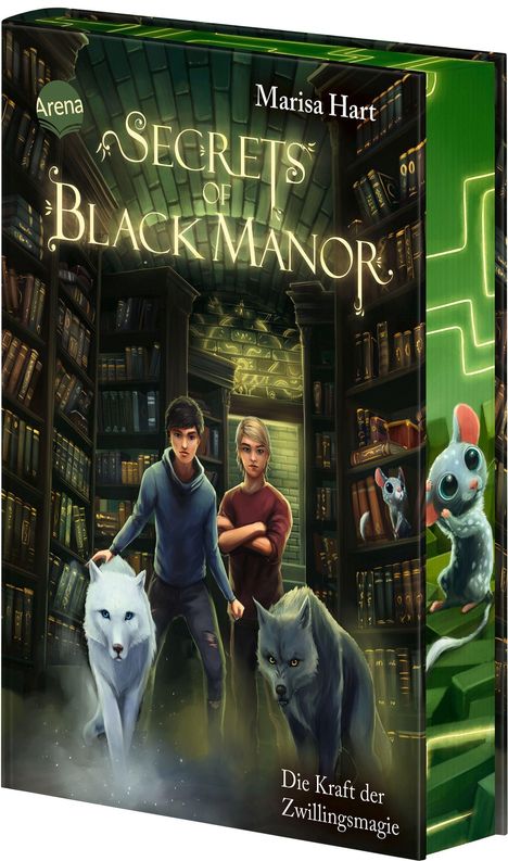 "Secrets of Black Manor", "Die Kraft der Zwilllingsmagie". Zwei Jugendliche mit Wölfen in einer magischen Bibliothek.