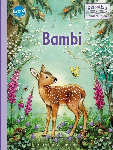Text: „Bambi“, „Klassiker einfach lesen“, „Felix Salten · Stefanie Dahle“. Illustration: Ein Rehkitz im bunten Wald.