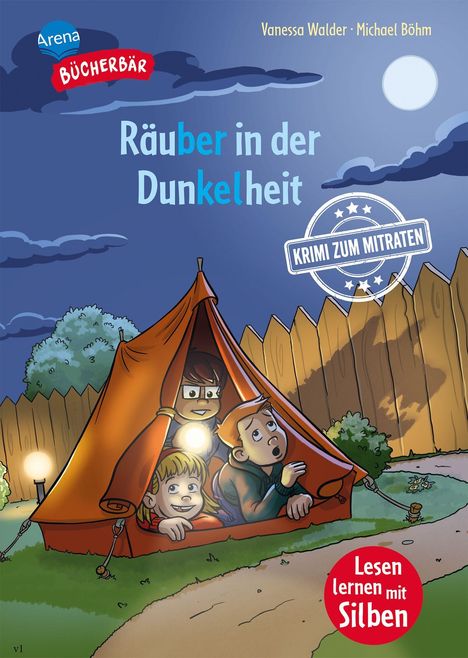 Titel: "Räuber in der Dunkelheit". Kinder schauen aus Zelt, Hintergrund mit Mond und Zaun. "Krimi zum Mitraten" steht dabei.