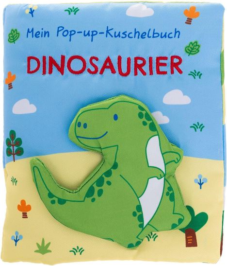 Text: "Mein Pop-up-Kuschelbuch DINOSAURIER". Illustration eines lächelnden grünen Dinosauriers auf buntem Hintergrund.