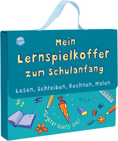 „Mein Lernspielkoffer zum Schulanfang. Lesen, Schreiben, Rechnen, Malen.“ Bunte Illustrationen von Schulutensilien.