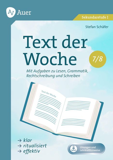 "Text der Woche 7/8", "klar", "ritualisiert", "effektiv", Illustration eines offenen Buches, Auer-Logo oben links.