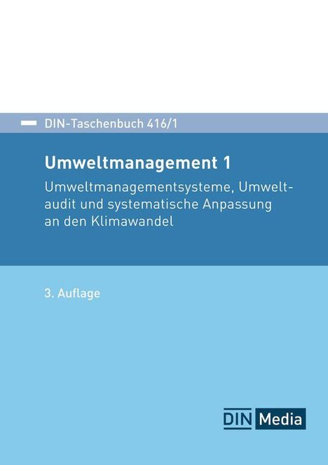 „DIN Media“. Eine Hand hält ein blaues Objekt, möglicherweise ein Buch oder Aktenordner, vor einem unscharfen Hintergrund.