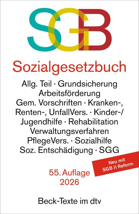 "SGB Sozialgesetzbuch. 55. Auflage 2026. Beck-Texte im dtv. Logo aus den Buchstaben SGB."