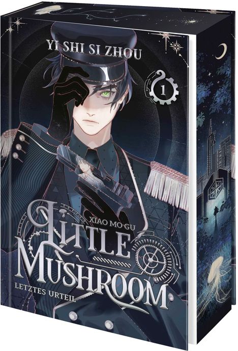"Yi Shi Si Zhou", "Little Mushroom", "Letztes Urteil". Illustration: Person mit Mütze, grünen Augen, hält eine Karte.