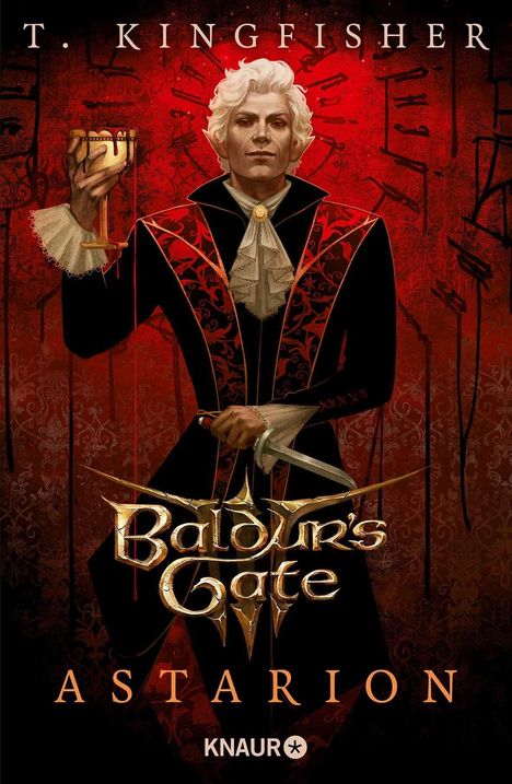 "Baldur's Gate III," "Astarion." Ein Mann in viktorianischer Kleidung hält einen blutbefleckten Kelch und ein Messer.