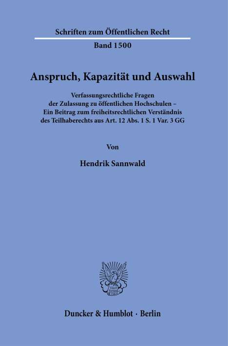 Hendrik Sannwald: Anspruch, Kapazität und Auswahl., Buch