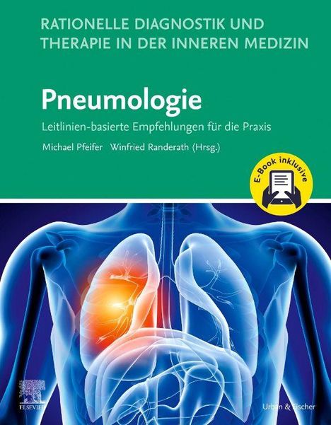 Titel: "Pneumologie", grüne Fläche oben, darunter Darstellung eines Brustkorbs mit beleuchteter Lunge. E-Book-Symbol rechts.