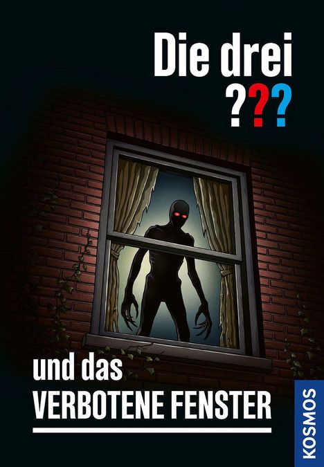 "Die drei ??? und das VERBOTENE FENSTER". Illustration: Dunkle Gestalt mit leuchtenden Augen steht hinter einem erleuchteten Fenster.