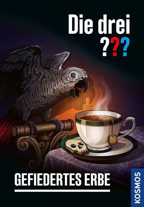 "Die drei ??? Gefiedertes Erbe" steht oben. Illustration zeigt Papagei, dampfende Teetasse, Totenkopfkeks und ein Logo.