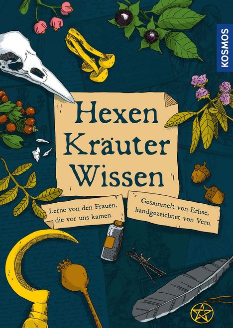 „Hexen Kräuter Wissen“, „Lerne von den Frauen, die vor uns kamen“, Pflanzen und Objekte wie Skelettkopf und Sichel.