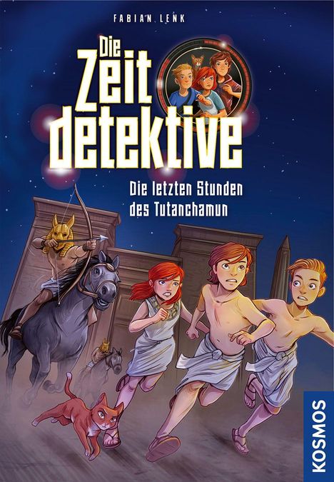 "Die Zeitdetektive: Die letzten Stunden des Tutanchamun." Drei Kinder rennen panisch, verfolgt von einem Reiter mit Pfeil und Bogen.