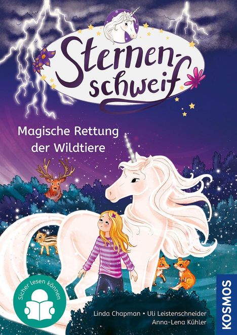 Text: "Sternenschweif", "Magische Rettung der Wildtiere", "Sicher lesen können". Ein Mädchen mit Einhorn und Waldtiere.