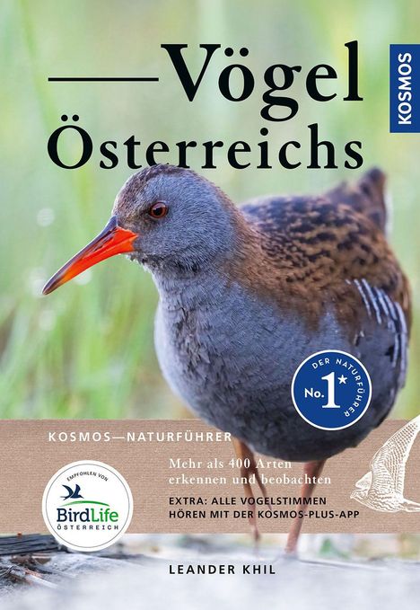 "Vögel Österreichs", Naturführer, mehr als 400 Arten. Leander Khil. Bild von einem Vogel mit langem, rotem Schnabel.