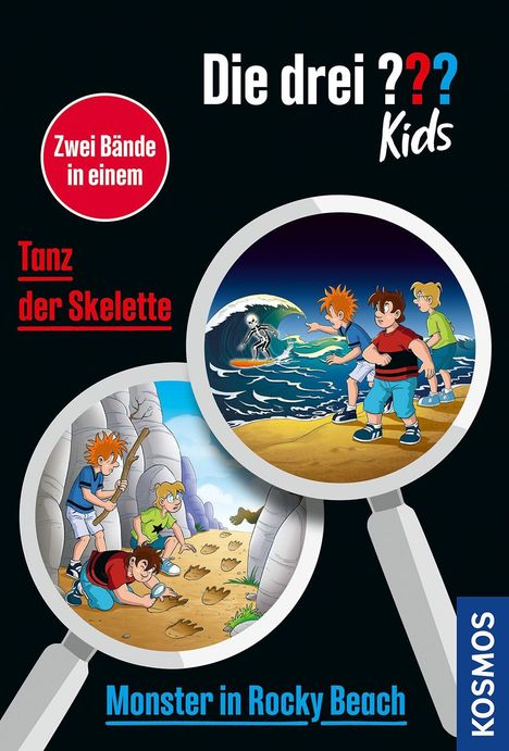 Zwei Bände in einem: Tanz der Skelette, Monster in Rocky Beach. Illustration mit Kindern und einem Skelett auf einem Surfbrett.