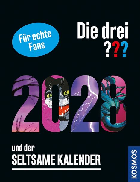 „Für echte Fans“, „Die drei ???“, „2028“, „und der SELTSAME KALENDER“. Hintergrund ist dunkel, Zahlen grafisch gestaltet.