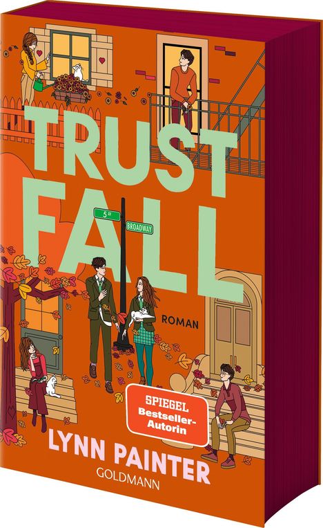 „TRUST FALL“, „SPIEGEL Bestseller-Autorin“, „Lynn Painter“, „5 AV“, „BROADWAY“, Personen und Blätter auf einem Herbstweg.
