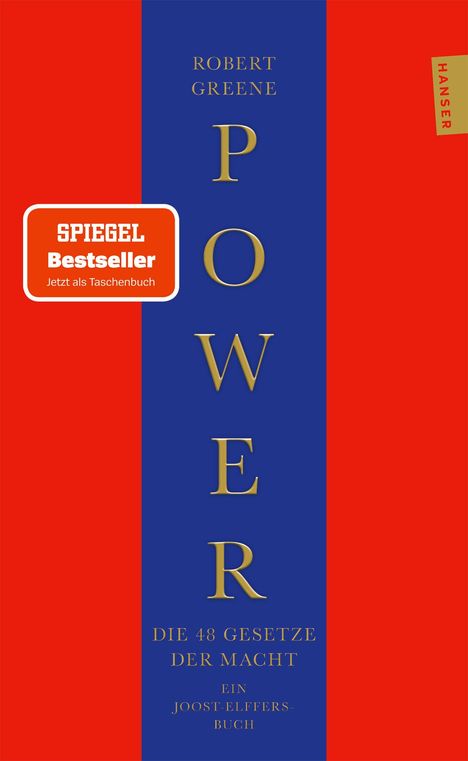 SPIEGEL Bestseller. Robert Greene - POWER. Die 48 Gesetze der Macht. Blaues und rotes Design, vertikaler Text.
