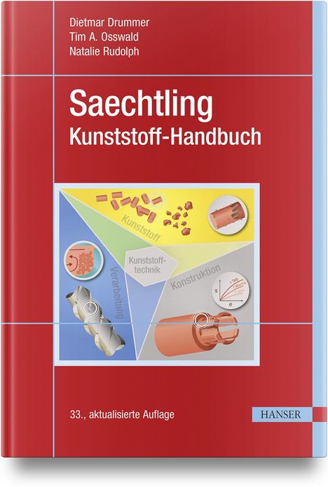 Text: Dietmar Drummer, Tim A. Osswald, Natalie Rudolph; Saechtling Kunststoff-Handbuch, 33., aktualisierte Auflage. Cover rot, Illustration mit Kunststoffteilen und Diagrammen.